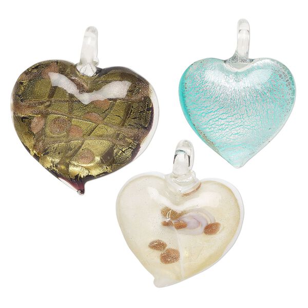 Random mix, lampworked glass, opaque to transparent mixed colors, 32x28mm-55x50mm heart with silver-colored foil and copper-colored glitter. Sold per pkg of 3. image number 0