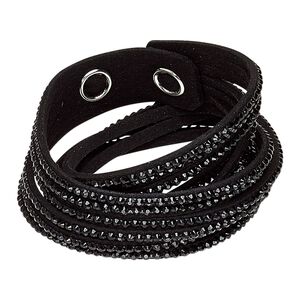 Bracelet, 6-strand wrap, acrylic rhinestone / faux suede / imitation rhodium-plated brass, black, 19mm wide, adjustable at 6 and 6-1/2 inches with snap closure. Sold individually.