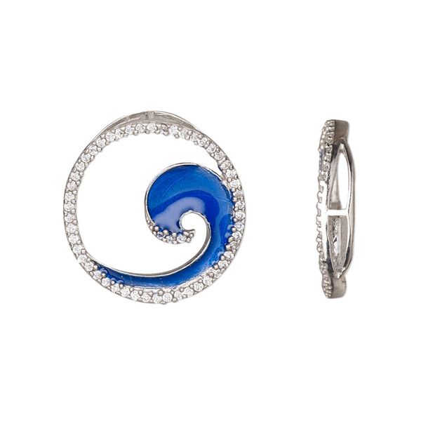 Component, cubic zirconia / rhodium-plated sterling silver / enamel, clear and blue, 20mm open round with wave. Sold individually. image number 0
