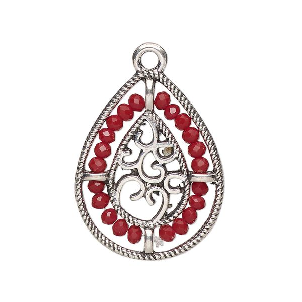 Drop, antique silver-finished "pewter" (zinc-based alloy), dark red, 27.5 x 21.5mm teardrop with hearts and beaded border. Sold per pkg of 2. image number 0