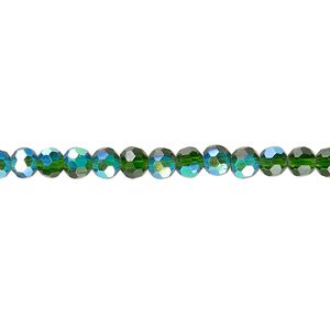 Bead 1pk 32 facets translucent emerald green AB, Celestial Crystal® 4mm round 15.5-16 inch
