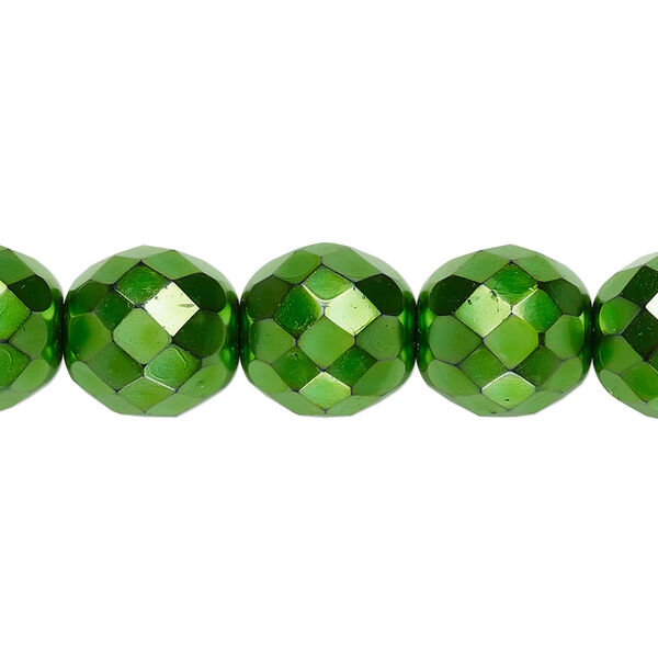 Bead, Czech fire-polished glass, pkg/15-1/2 to 16 inches, 12mm faceted round, opaque emerald green carmen, (23980-70053). image number 0
