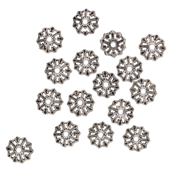 Bead cap, antique silver-finished "pewter" (zinc-based alloy), 14x6mm round with cutout design. Sold per pkg of 16. image number 0