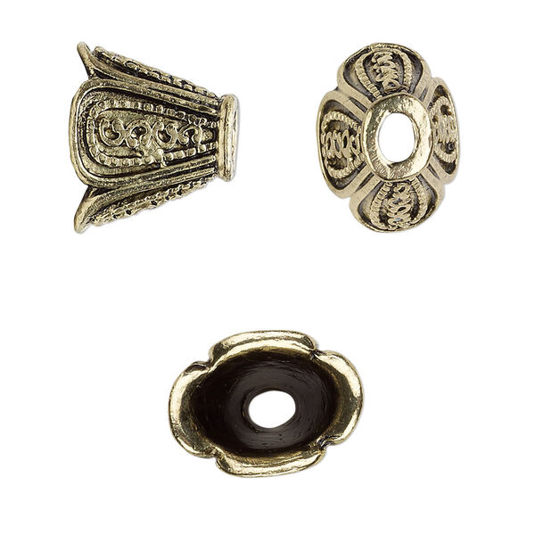 Cone, antique gold-finished "pewter" (zinc-based alloy), 16x13x12mm flat oval flower, 10.5x7mm inside diameter. Sold per pkg of 6. image number 0