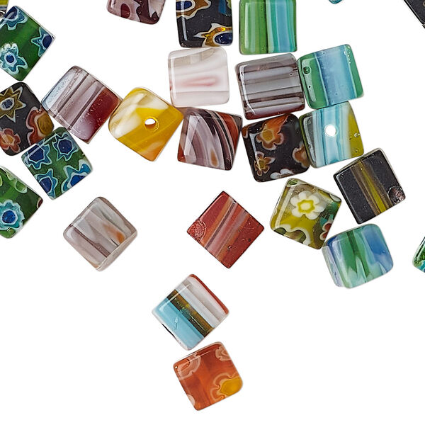 Bead mix, millefiori glass, translucent and transparent multicolored, 5-7mm cube. Sold per 2-ounce pkg, approximately 120 beads. image number 0