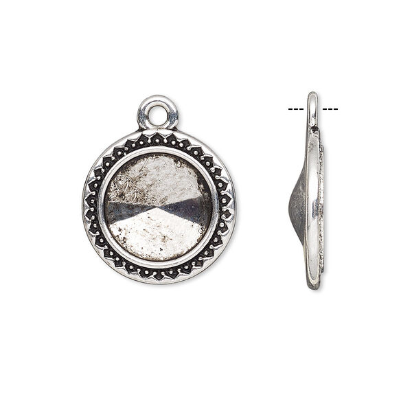 Drop, Almost Instant Jewelry®, antique silver-finished "pewter" (zinc-based alloy), 17mm round with triangle and beaded design with 12mm rivoli setting. Sold per pkg of 6. image number 0