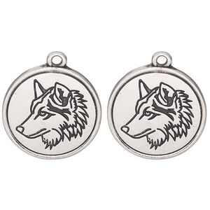 Drop, antique silver-finished "pewter" (zinc alloy) and enamel, black, 21mm round with wolf head design. Sold per pkg of 2.