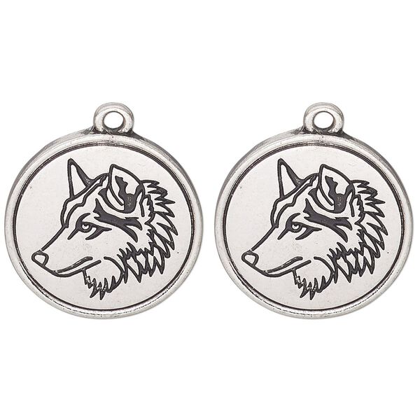 Drop, antique silver-finished "pewter" (zinc alloy) and enamel, black, 21mm round with wolf head design. Sold per pkg of 2. image number 0