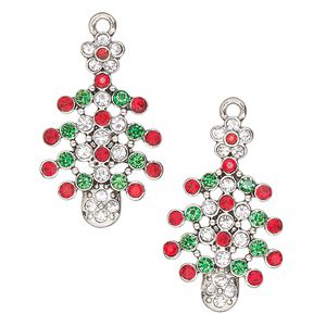 Focal, antique silver-finished "pewter" (zinc-based alloy), red / green / clear, 30x19mm Christmas tree. Sold per pkg of 2.