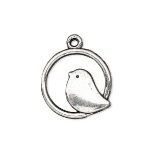 Drop, antique silver-plated "pewter" (zinc-based alloy), 21x20.5mm single-sided flat round with bird. Sold per pkg of 10.