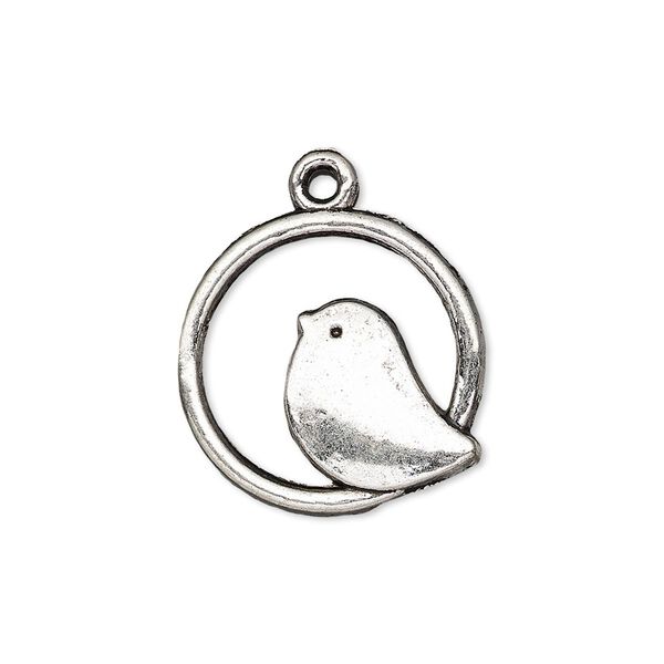 Drop, antique silver-plated "pewter" (zinc-based alloy), 21x20.5mm single-sided flat round with bird. Sold per pkg of 10. image number 0