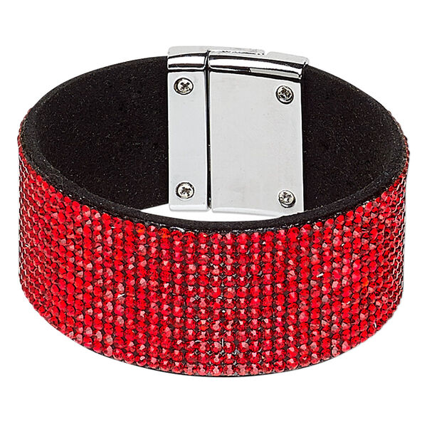 Bracelet, glass rhinestone / faux suede / imitation rhodium-plated "pewter" (zinc-based alloy), black and red, 31mm wide, 6-1/2 inches with magnetic clasp. Sold individually. image number 0
