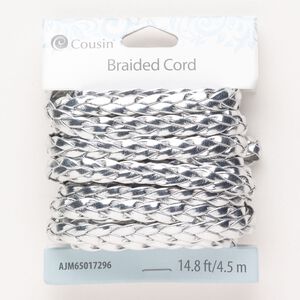 Cord, plastic, pkg/4.5m, silver, 7mm braided flat.