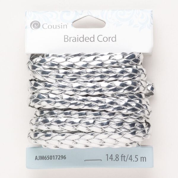 Cord, plastic, pkg/4.5m, silver, 7mm braided flat. image number 0