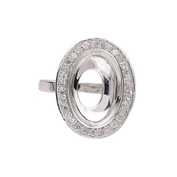 Ring, Almost Instant Jewelry®, rhodium-plated sterling silver and cubic zirconia, clear, 24.5mm wide with 18x13mm oval glue-in setting, size 7. Sold individually. image number 0