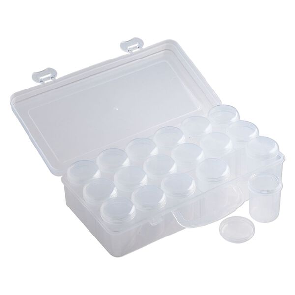 Organizer box, plastic, clear, 10 x 5 x 2-1/2-inch rectangle, (18) round vials with threaded closures. Sold individually. image number 1