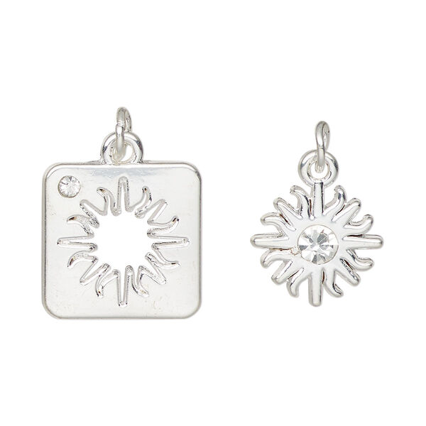 Charm, silver-finished "pewter" (zinc-based alloy) and glass, clear, 16x16mm square with sun cutout design and 13x13mm single-sided sun. Sold per pkg of (2) 2-piece sets. image number 0