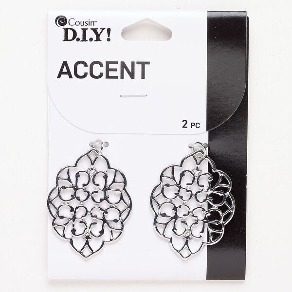 Focal 1pkg2 silver-finished brass and steel, 40x30mm fancy leaf. image number 0