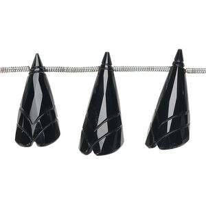 Black onyx 1pkg5, hand-cut top-drilled carved cone flower bead graduated 18x8mm-24x10mm