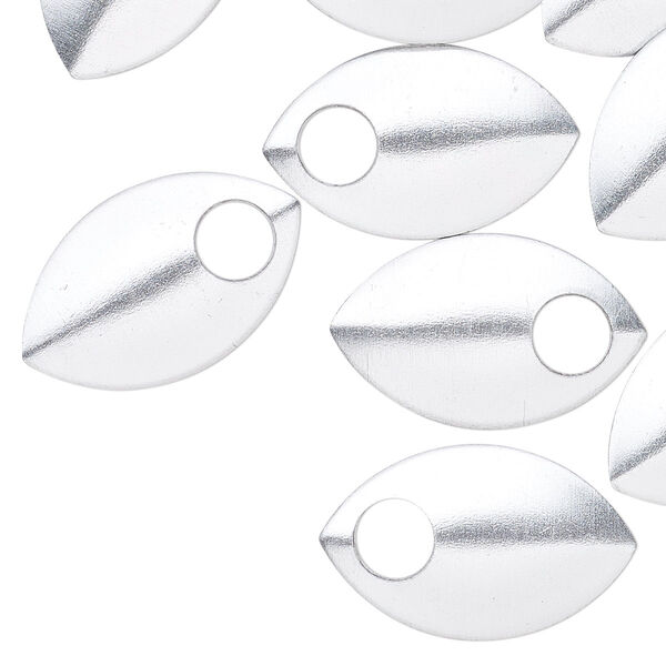 Component, anodized aluminum, silver, 22x14mm 2-sided curved scale blank with 5mm hole, 20 gauge. Sold per pkg of 20. image number 0