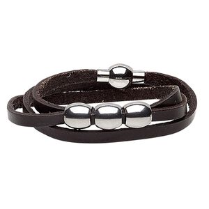 Bracelet, 3-strand wrap, leather (dyed) and stainless steel, dark brown, 10mm wide with 10mm barrel, 6 inches with magnetic clasp. Sold individually.
