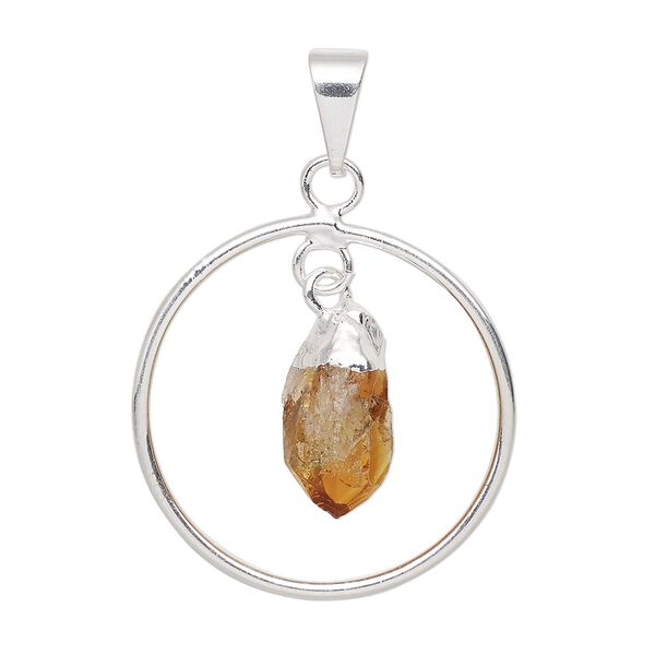 Pendant, Everyday Jewelry, silver-plated brass and citrine (heated), 30x25mm-32x27mm open round. Sold individually. image number 0