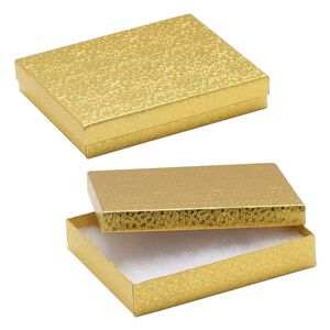 Box, paper, "cotton"-filled, gold, 6-1/8 x 5-1/8 x 1-1/8 inch rectangle. Sold per pkg of 10.
