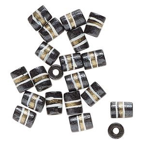 Bead, bone (dyed), black / white / gold, 9x7mm-8x6mm hand-painted tube with line design. Sold per pkg of 20.