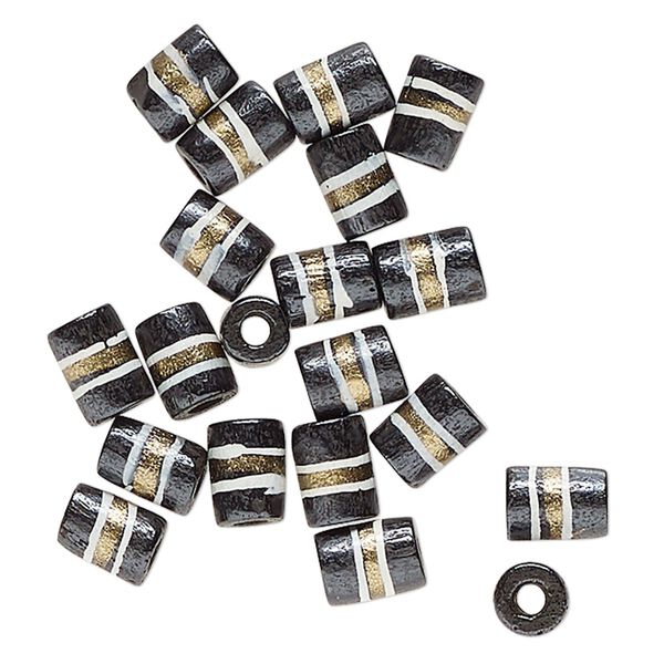 Bead, bone (dyed), black / white / gold, 9x7mm-8x6mm hand-painted tube with line design. Sold per pkg of 20. image number 0