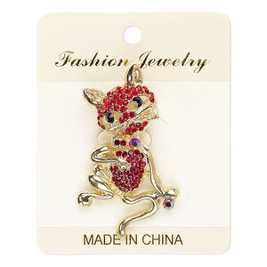 Brooch, glass rhinestone and gold-finished "pewter" (zinc-based alloy), multicolored, 55x32mm cat. Sold individually.