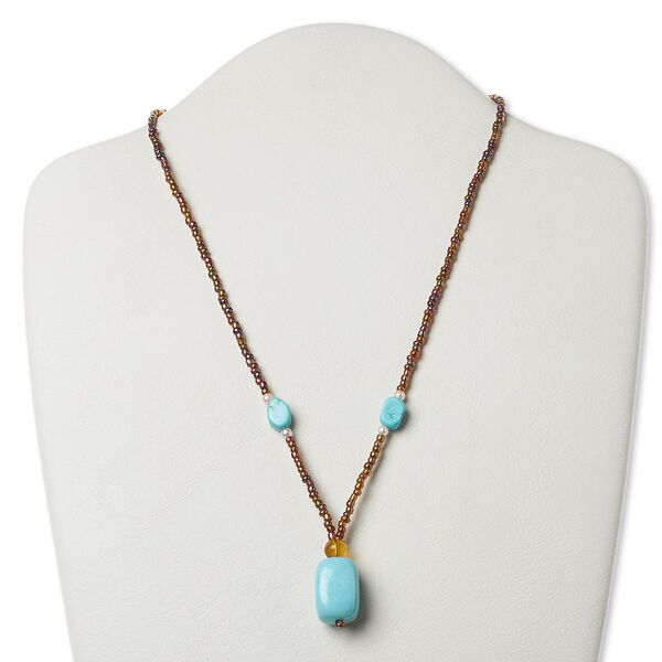 Necklace, multi-gemstone (dyed / stabilized) / glass / silver- or antiqued gold-finished "pewter" (zinc-based alloy), multicolored, large tumbled nugget, 17 inches with lobster claw clasp. Sold individually. image number 0