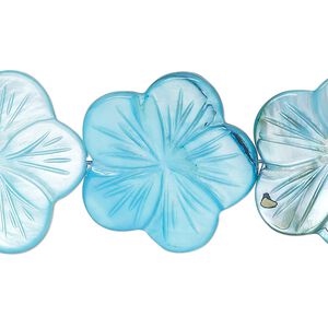 Bead, mother-of-pearl shell (dyed), dark aqua blue, 24x23mm-26x25mm carved flat flower with 0.6-0.8mm hole, Mohs hardness 3-1/2. Sold per 15-inch strand.