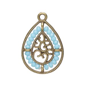 Drop, antique brass-finished "pewter" (zinc-based alloy), aqua blue, 27.5 x 21.5mm teardrop with hearts and beaded border. Sold per pkg of 2.