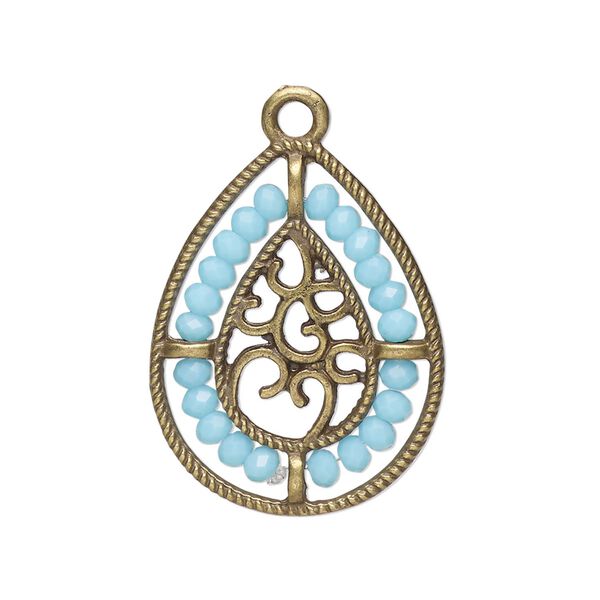 Drop, antique brass-finished "pewter" (zinc-based alloy), aqua blue, 27.5 x 21.5mm teardrop with hearts and beaded border. Sold per pkg of 2. image number 0