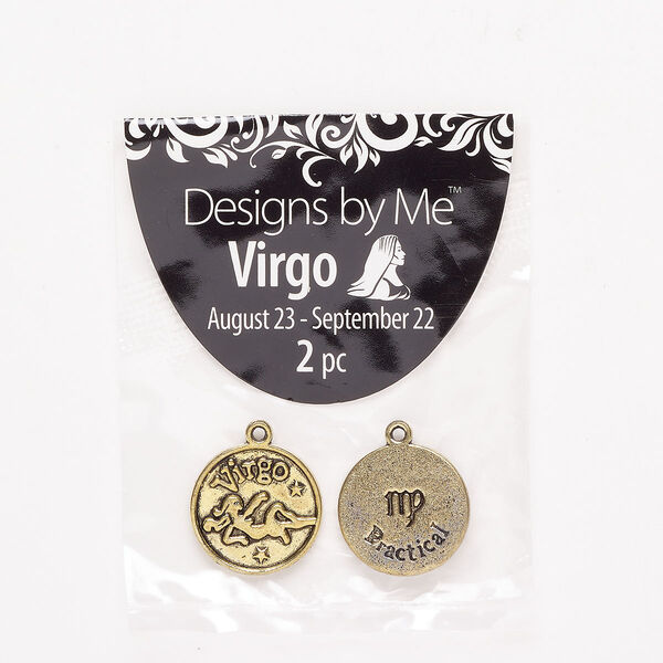 "Pewter" (zinc-based alloy) / enamel 1pkg2, 2-sided round charm / Virgo / "Practical" antique gold finish / black 18mm image number 0