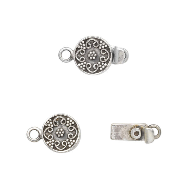 Clasp, tab, antiqued sterling silver, 9mm round with flower design. Sold individually. image number 0