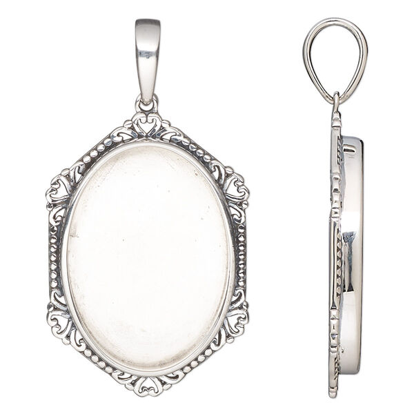 Pendant, antiqued sterling silver, 32.5x23mm hexagon with heart and beaded rim with 25x18mm oval bezel setting. Sold individually. image number 0