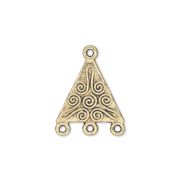 Drop, antique gold-finished "pewter" (zinc-based alloy), 17x17x15mm double-sided triangle with spiral design and 3 loops. Sold per pkg of 20. image number 0