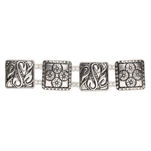 Spacer assortment, antique silver finish "pewter" (zinc-based alloy), 21mm square, fits up to 12.5mm beads. Sold per pkg of 4.