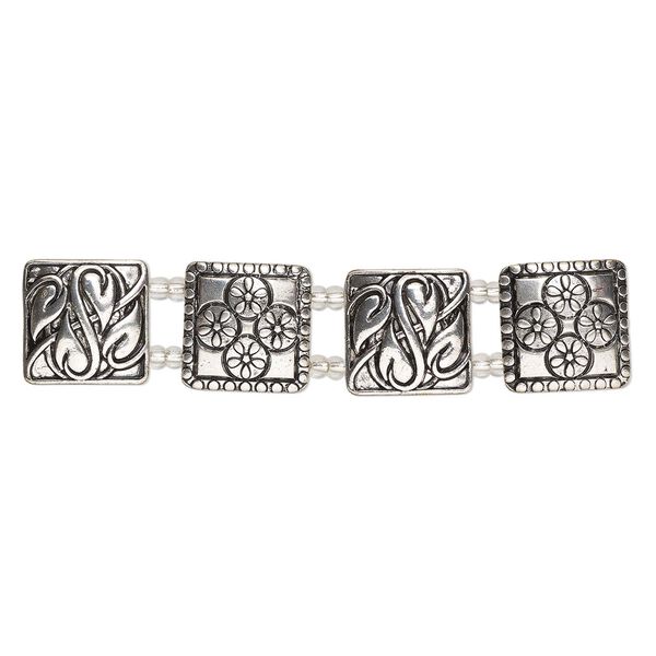 Spacer assortment, antique silver finish "pewter" (zinc-based alloy), 21mm square, fits up to 12.5mm beads. Sold per pkg of 4. image number 0