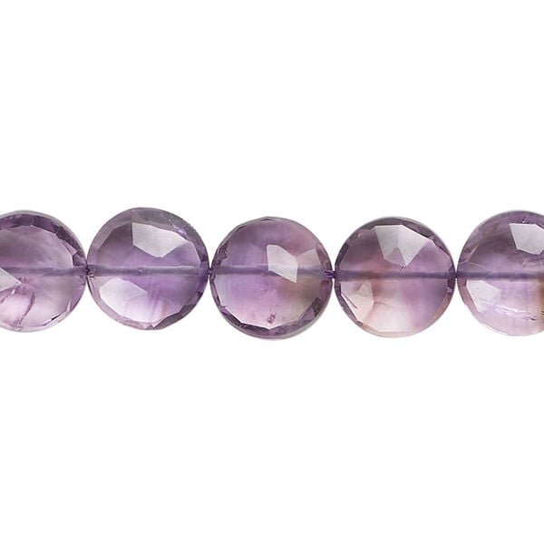 Amethyst (natural) 1pkg1, hand-cut faceted flat round bead, 7 inches 10mm image number 1