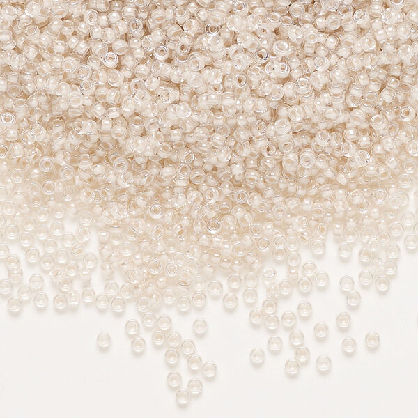 Seed bead, Miyuki, glass, pkg/35g, #15 rocaille, translucent blush-lined luster crystal clear (RR-215). image number 0