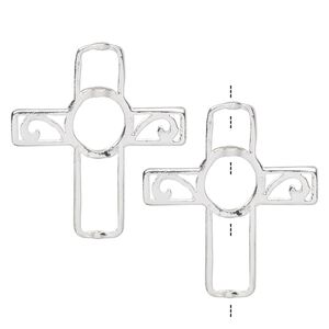 Bead frame, silver-finished "pewter" (zinc-based alloy), 35.5x31.5mm cross with curls, fits up to 5mm and 8mm beads. Sold per pkg of 2.