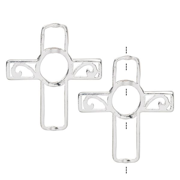 Bead frame, silver-finished "pewter" (zinc-based alloy), 35.5x31.5mm cross with curls, fits up to 5mm and 8mm beads. Sold per pkg of 2. image number 0