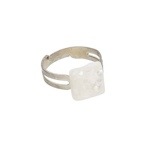 Ring 1pkg1 steel / mother-of-pearl shell, 10mm square, bleached/assembled silver finish / white