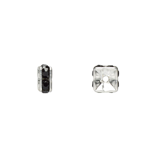 Bead, glass rhinestone and silver-plated brass, black, 6x3mm squaredelle. Sold per pkg of 10. image number 0
