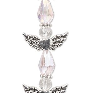 Bead, crystal and antique silver-plated "pewter" (zinc-based alloy), translucent pink AB and clear, 25x22mm angel. Sold per pkg of 4.