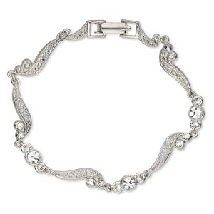 Bracelet, epoxy / crystals / rhodium-plated "pewter" (zinc-based alloy), white and crystal clear with glitter, 6.5mm wide with scroll design, 7 inches with fold-over clasp. Sold individually.