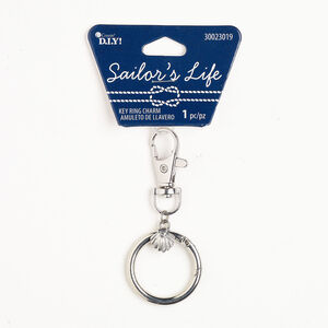 Key chain 1pkg1, silver-finished steel / brass and acrylic, clear, 2-1/2 inches with seashell charm and hinged clip lobster claw clasp with swivel.