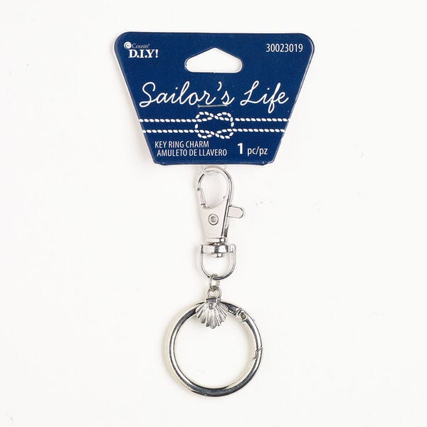 Key chain 1pkg1, silver-finished steel / brass and acrylic, clear, 2-1/2 inches with seashell charm and hinged clip lobster claw clasp with swivel. image number 0
